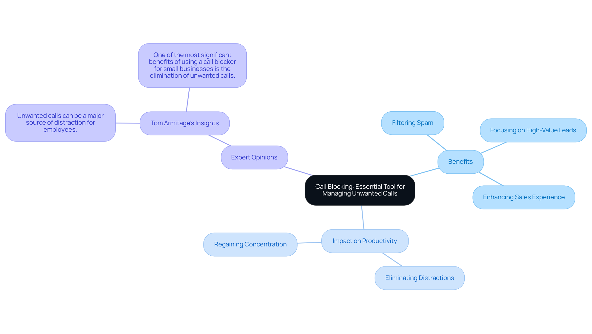 The center represents call blocking, with branches showing how it benefits productivity and sales efficiency. Each branch provides deeper insights into these areas, making it easy to understand the overall impact. The center represents call blocking, with branches showing how it benefits productivity and sales efficiency. Each branch provides deeper insights into these areas, making it easy to understand the overall impact.