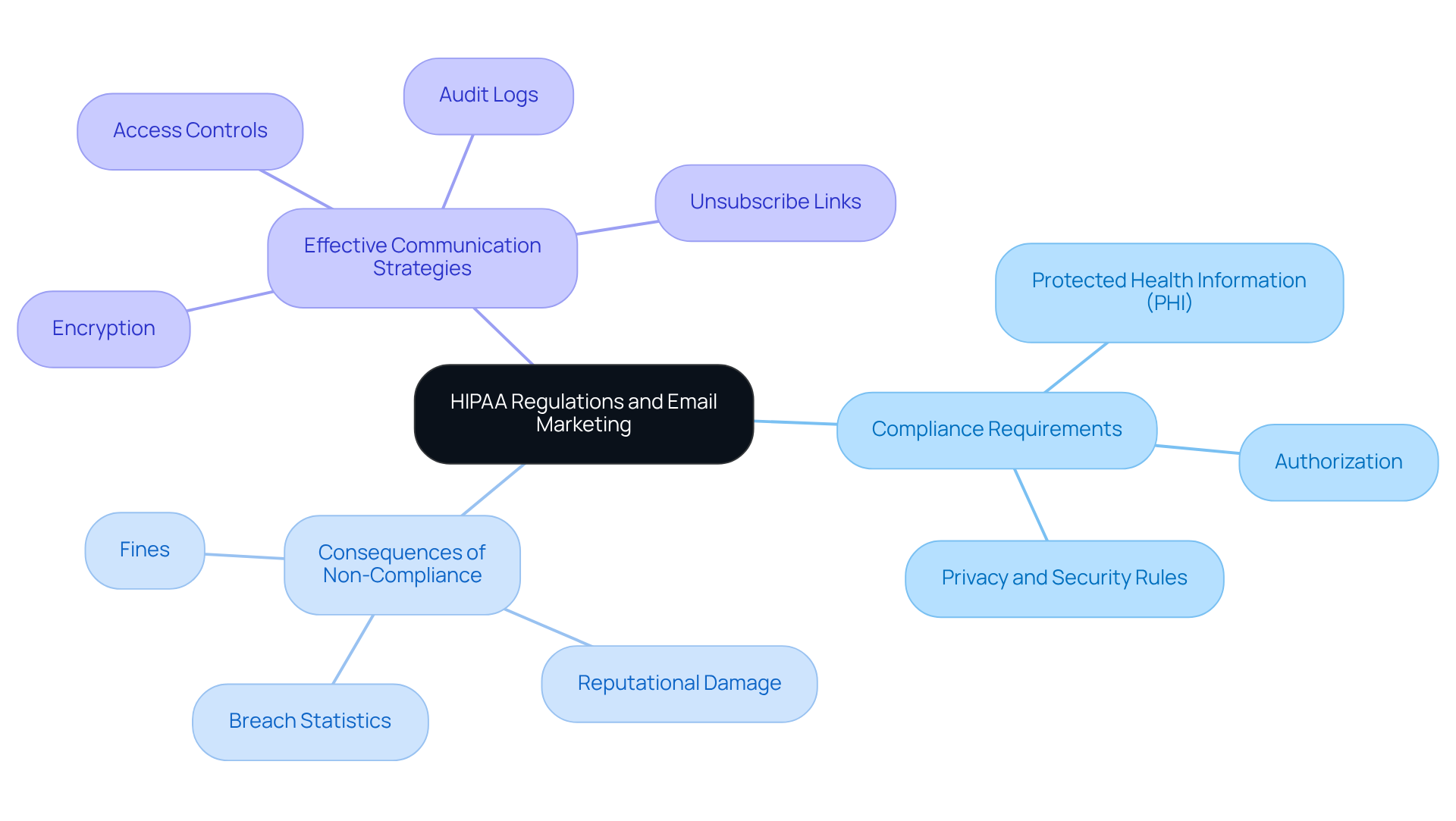 The central node represents the main topic, while the branches show key areas related to HIPAA regulations. Each sub-branch provides more detail on specific aspects, helping you see how everything connects. The central node represents the main topic, while the branches show key areas related to HIPAA regulations. Each sub-branch provides more detail on specific aspects, helping you see how everything connects.
