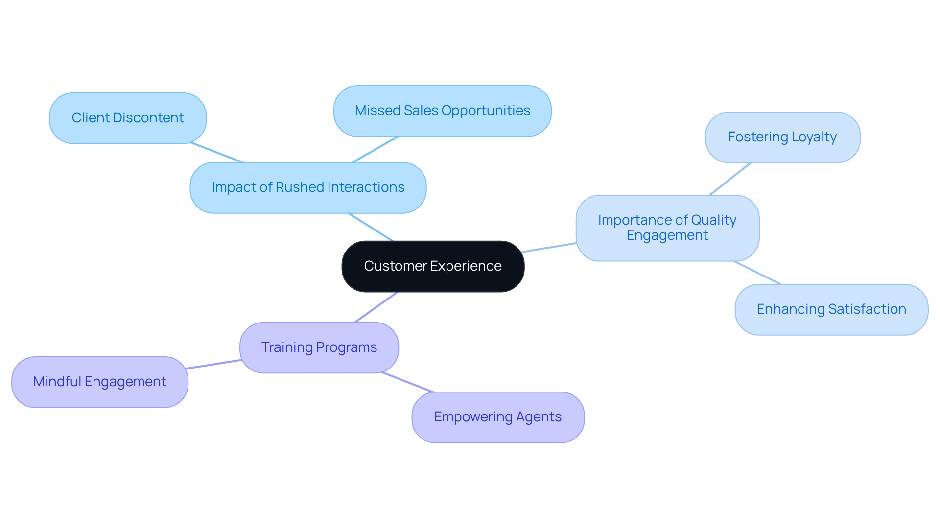 Start at the center with the main idea of customer experience, then follow the branches to see how rushed interactions affect satisfaction and how training can improve relationships.