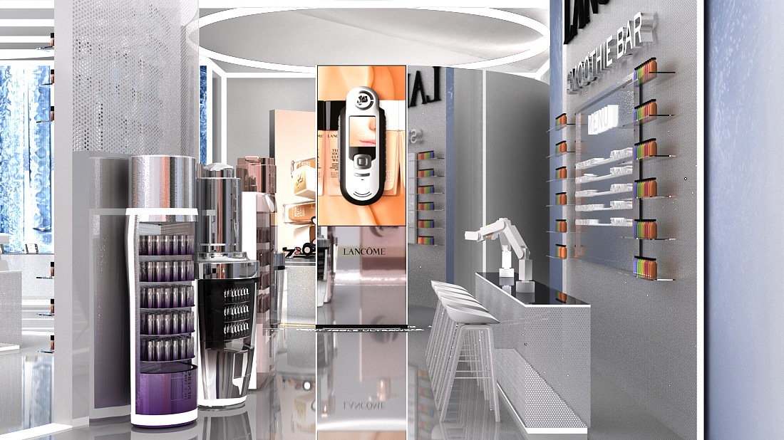 A robotised smoothie bar area to make the experience unique, with automatic product dispensers.
