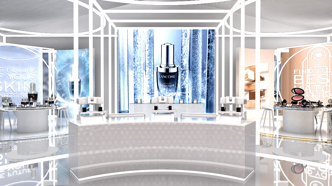 A personalisation area at the centre of the pop-up store where you can sign one of four hero products: Idôle, Advencad Genefique, Rénergie and Teint Idôle UltraWear.