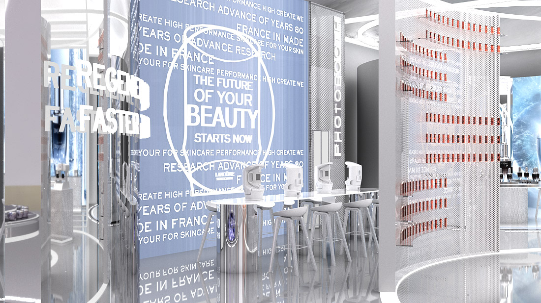 The Lancôme brand's sleek, high-tech space, featuring a beauty analysis zone with diagnostic equipment, a wall of cosmetic products, and a large poster reading: ‘The future of your beauty starts now’.