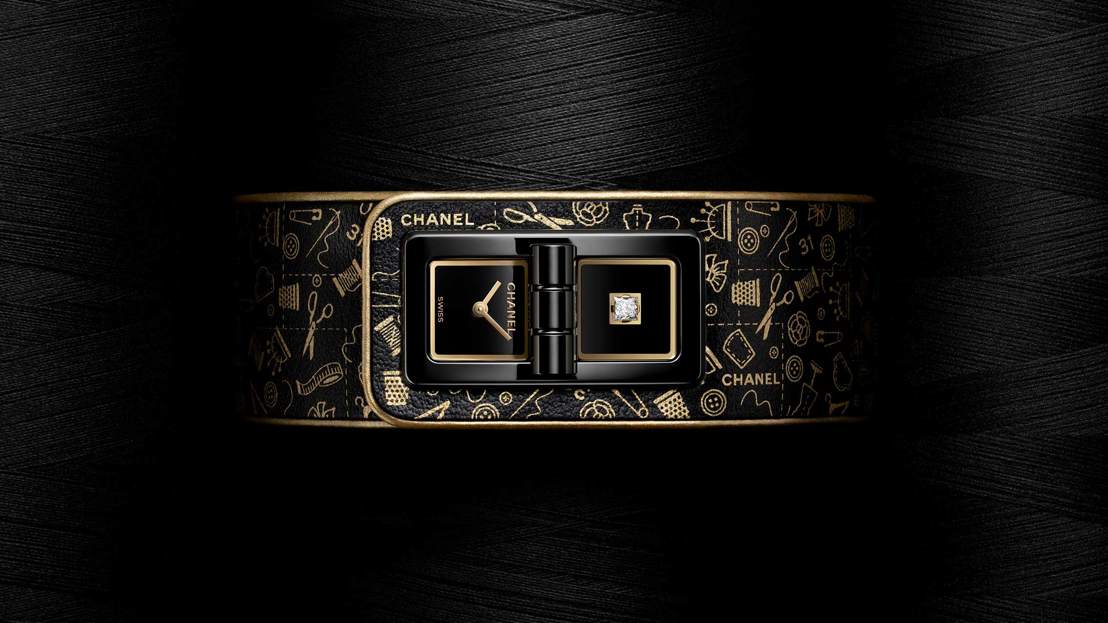 Focus on the dial of the Chanel Première Watch and sewing ribbon, sewing needles in black background, Couture Collection, 2024