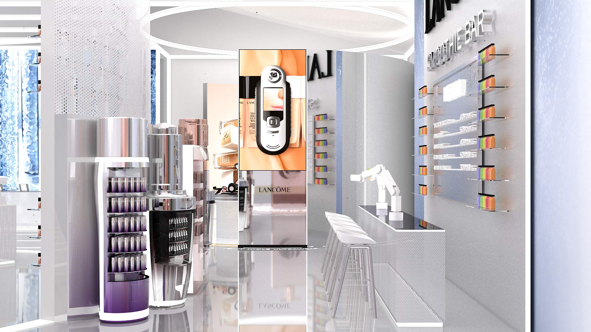 A robotised smoothie bar area to make the experience unique, with automatic product dispensers.