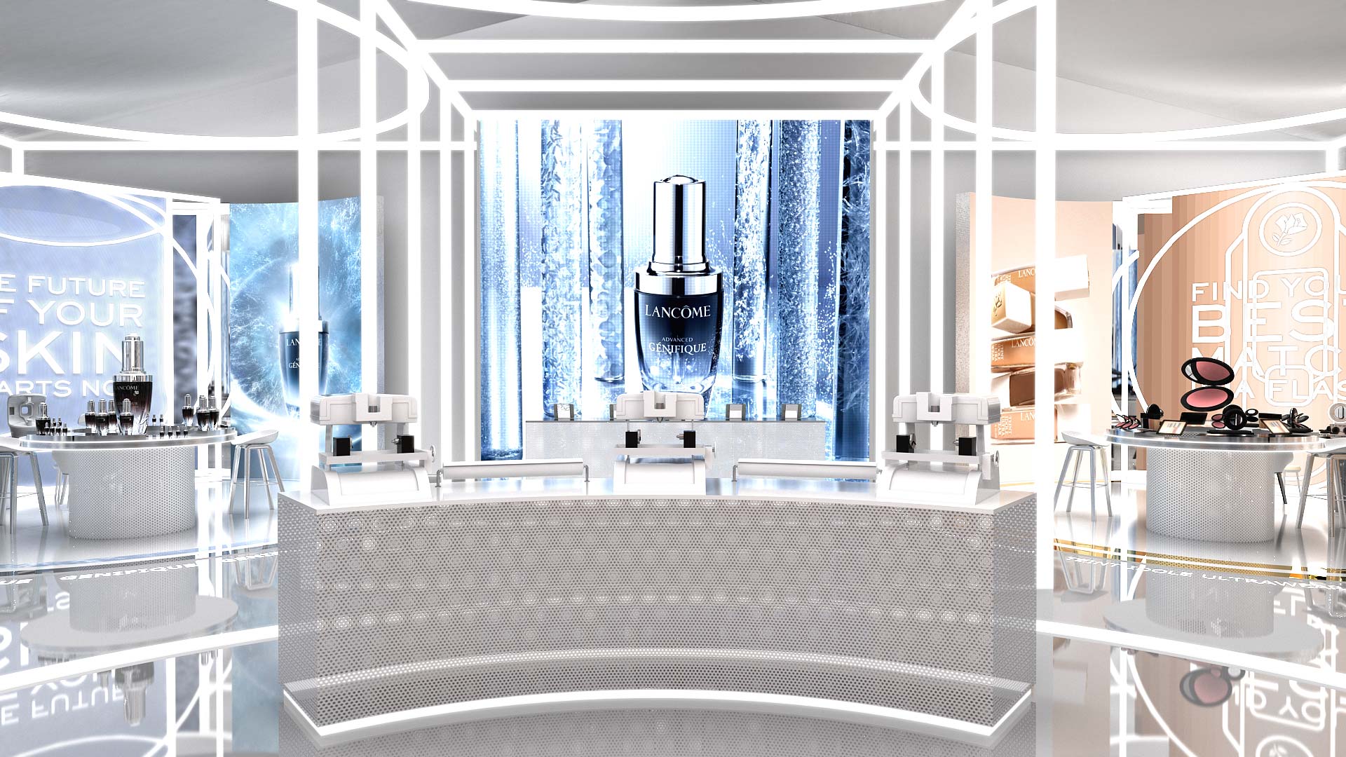 A personalisation area at the centre of the pop-up store where you can sign one of four hero products: Idôle, Advencad Genefique, Rénergie and Teint Idôle UltraWear.