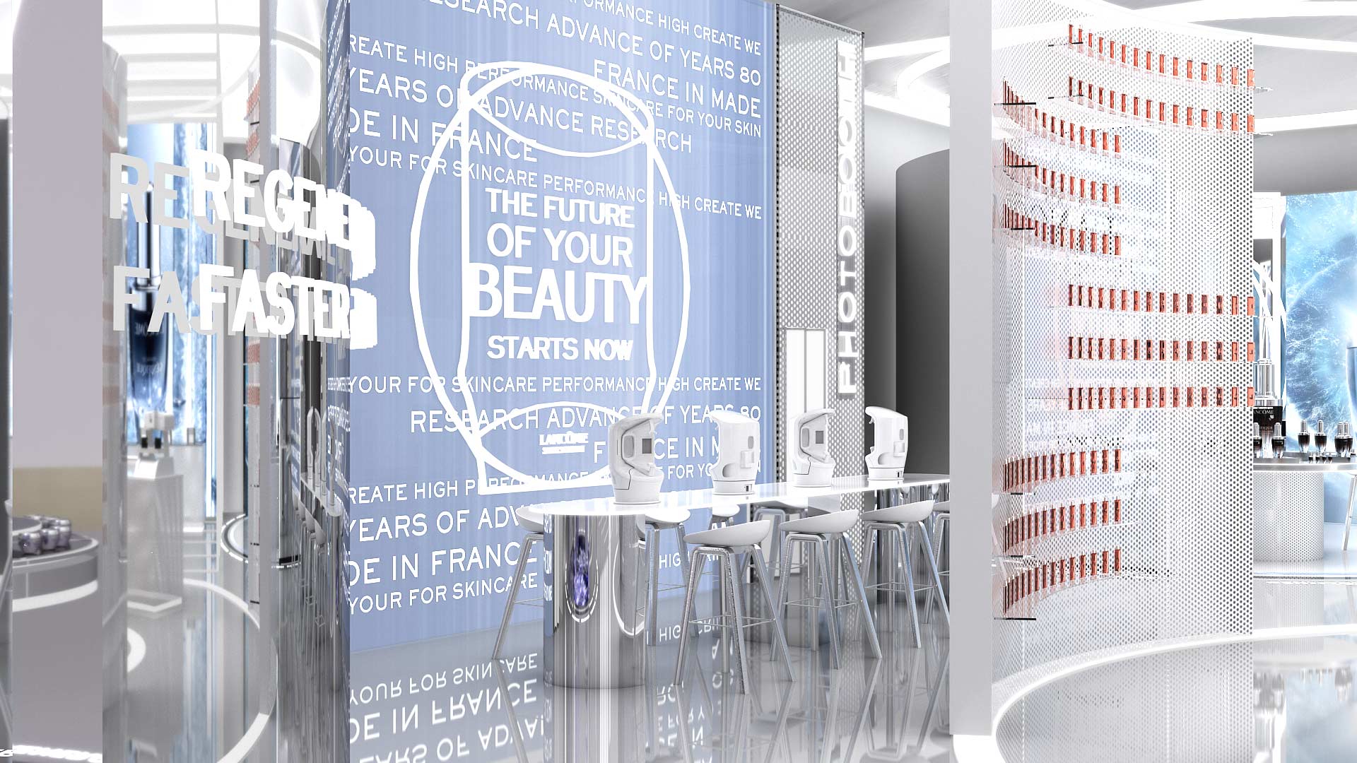 The Lancôme brand's sleek, high-tech space, featuring a beauty analysis zone with diagnostic equipment, a wall of cosmetic products, and a large poster reading: ‘The future of your beauty starts now’.