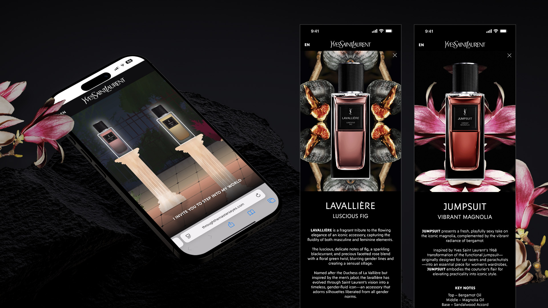 User interfaces of the Yves Saint Laurent Vestiaires des Parfums giving access to a selection of perfumes on steles, by clicking on a perfume you discover its associated flavor such as Lavallière and fig, Jumpsuit and magnolia for example