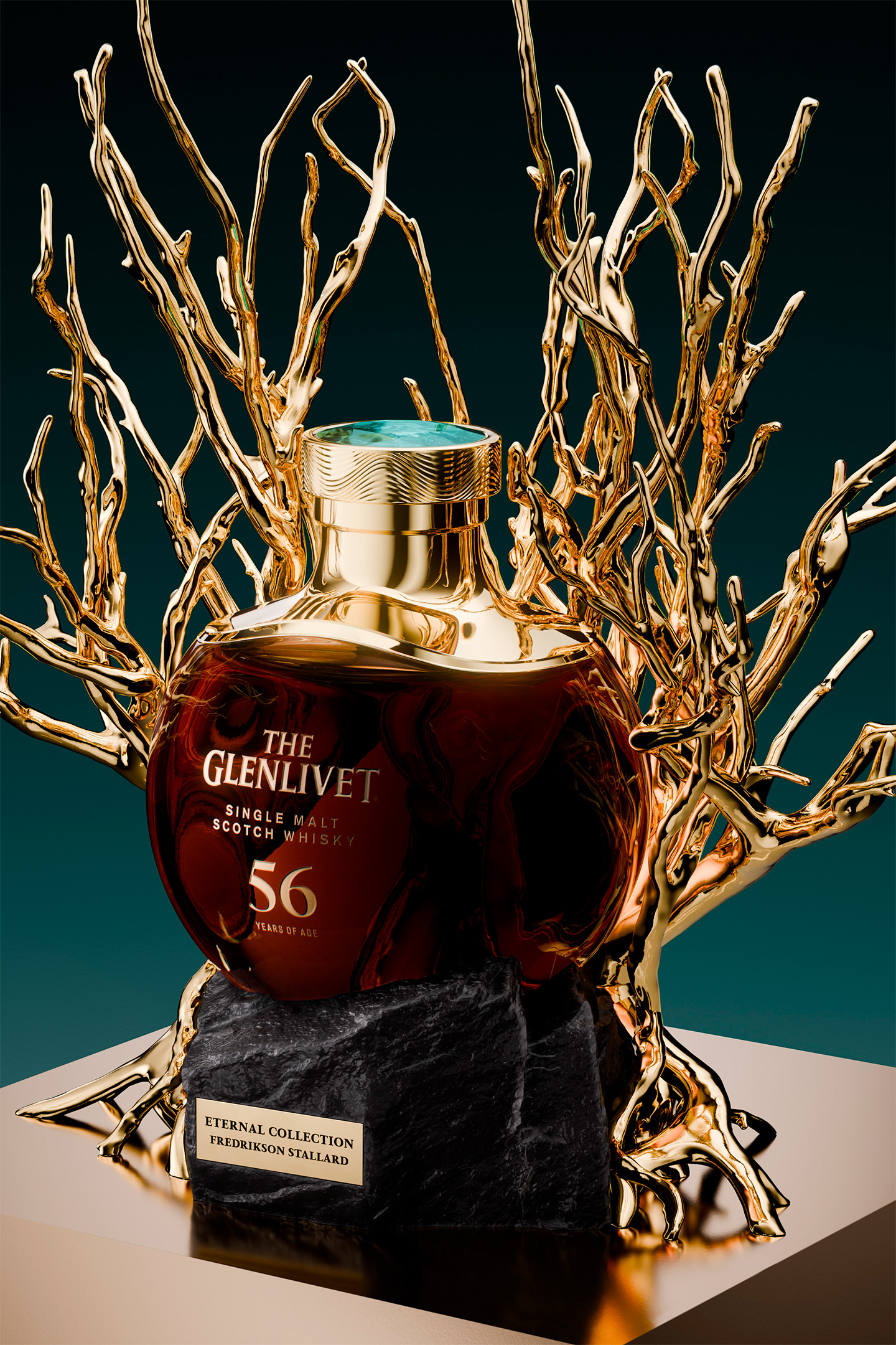 The Glenlivet 56 Year Old single malt whisky bottle cradled within sculptural gold branches on a dark stone base.