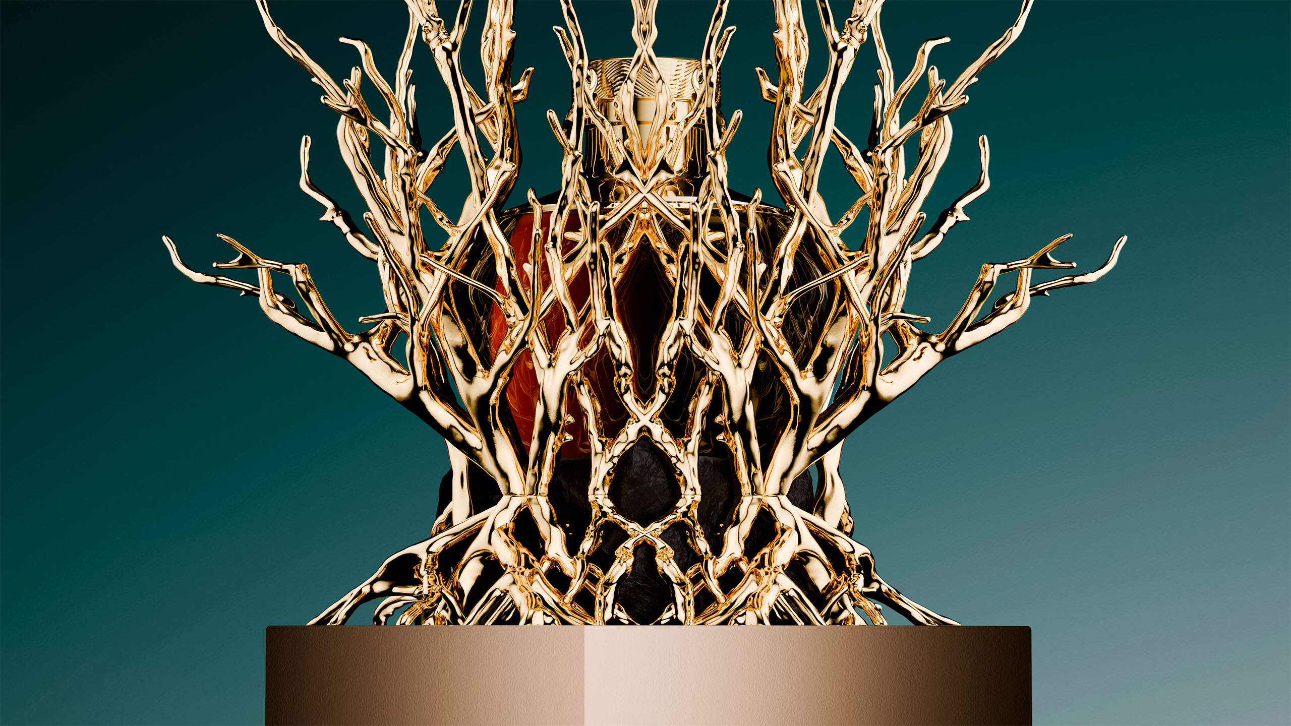 Sculptural gold branch structure forming a crown-like display against a deep green background, The Glenlivet 56 year old.