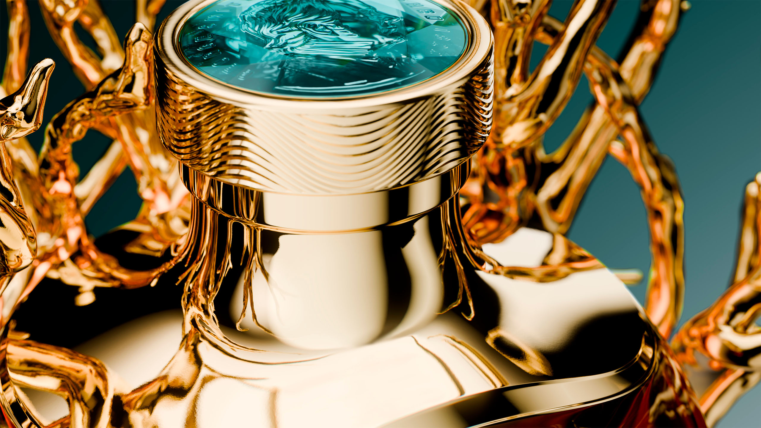 Close-up detail of The Glenlivet 56 Year Old whisky bottle, highlighting the gold neck and teal-tinted crystal cap.