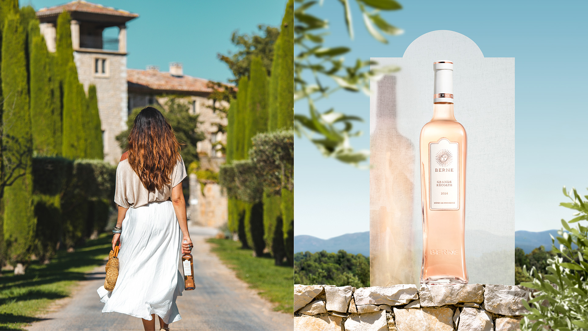 Lifestyle scene of a woman in Provence paired with Château de Berne rosé bottle display