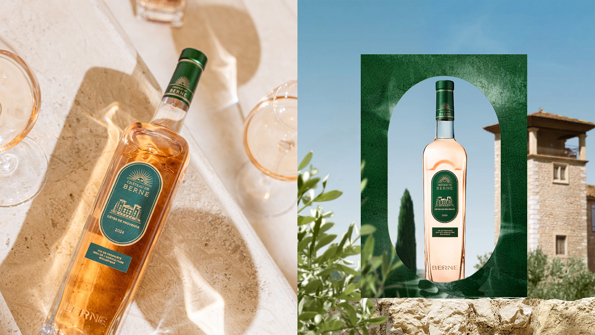 Château de Berne bottle displayed in a green textured frame with estate backdrop