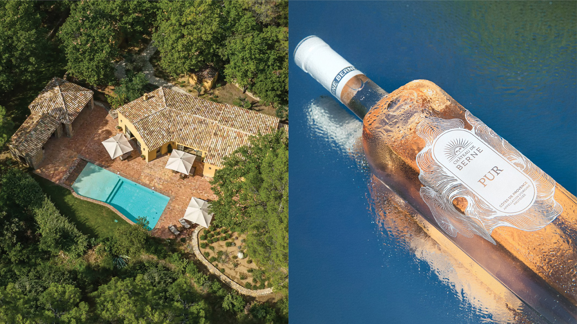 Aerial view of Provençal estate with pool alongside rosé bottle in water