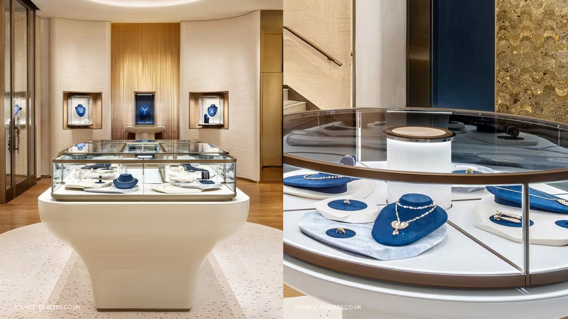 De Beers boutique interior paired with close-up blue velvet jewelry displays in illuminated glass showcases