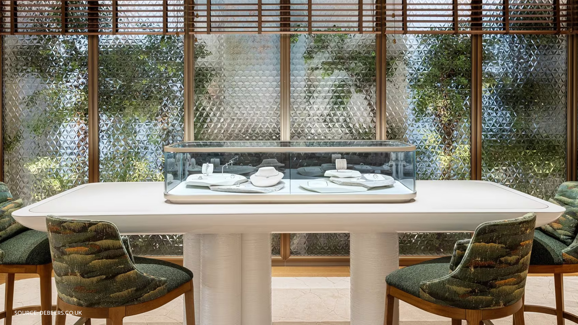 De Beers boutique seating area with an illuminated jewelry showcase against textured glass windows.