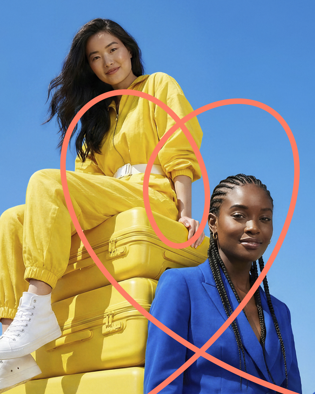 Avolta Love Your Journey campaign featuring two women with yellow suitcases against a bright blue sky.