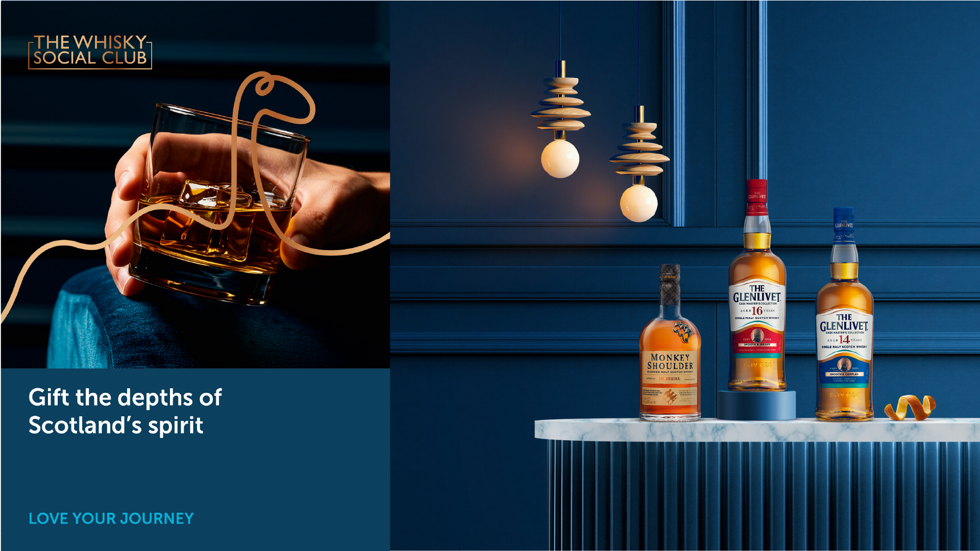 Avolta Love Your Journey whisky campaign featuring a hand holding a glass paired with premium Scotch bottles on a blue bar display.