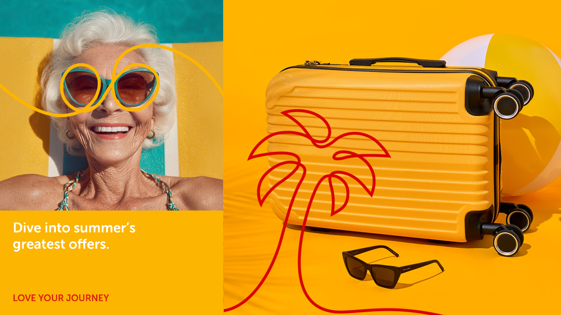 Avolta Love Your Journey summer campaign featuring a woman in sunglasses paired with a yellow suitcase and travel offers.