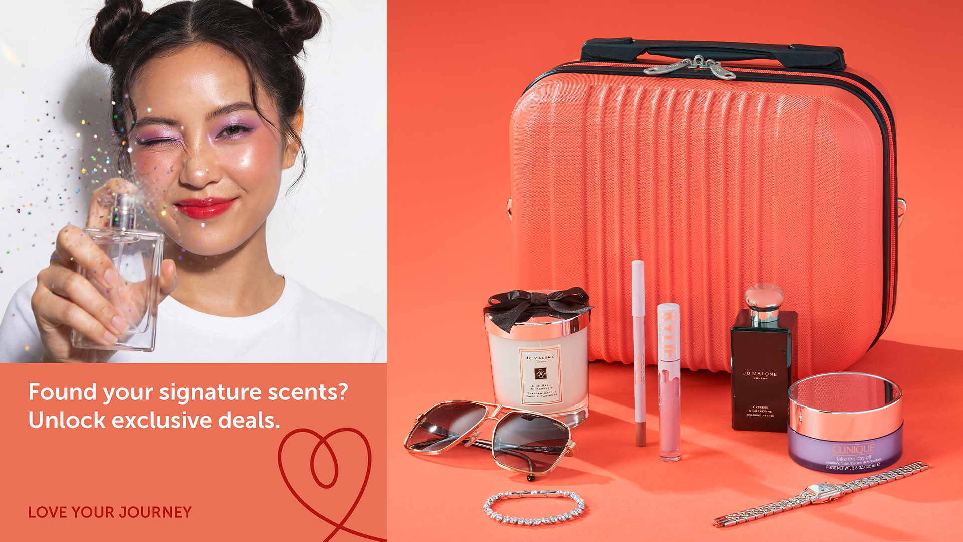 Avolta Love Your Journey beauty campaign featuring a woman with perfume paired with travel retail fragrance and accessory deals.