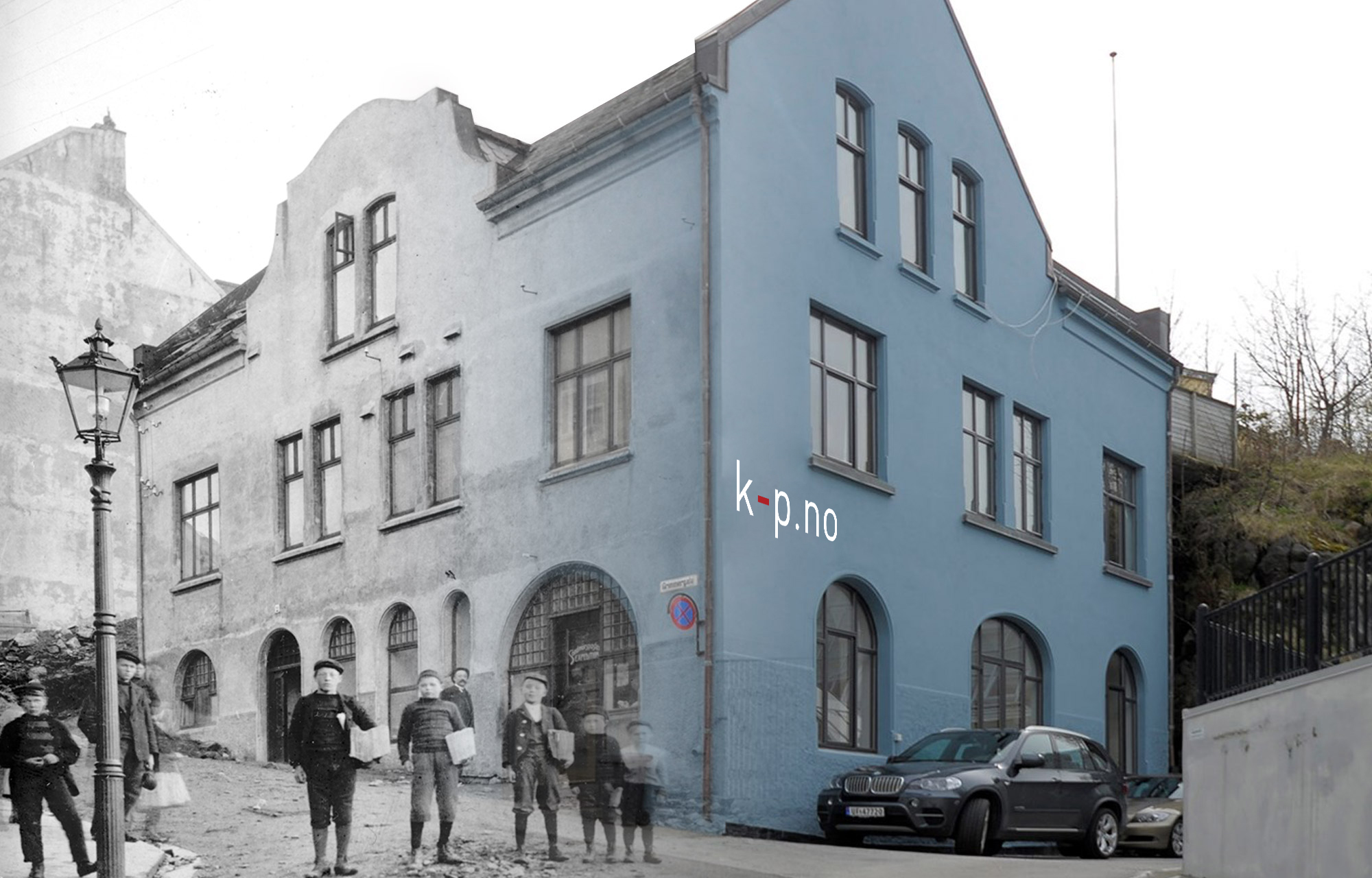 Historisk foto av Grimmergata 1 gradvis går over i bilde av dagens bygning