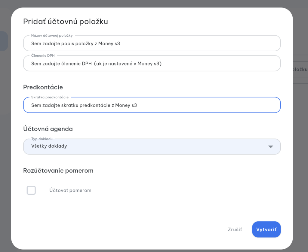 Doklado - Účtovné položky pre Money S3
