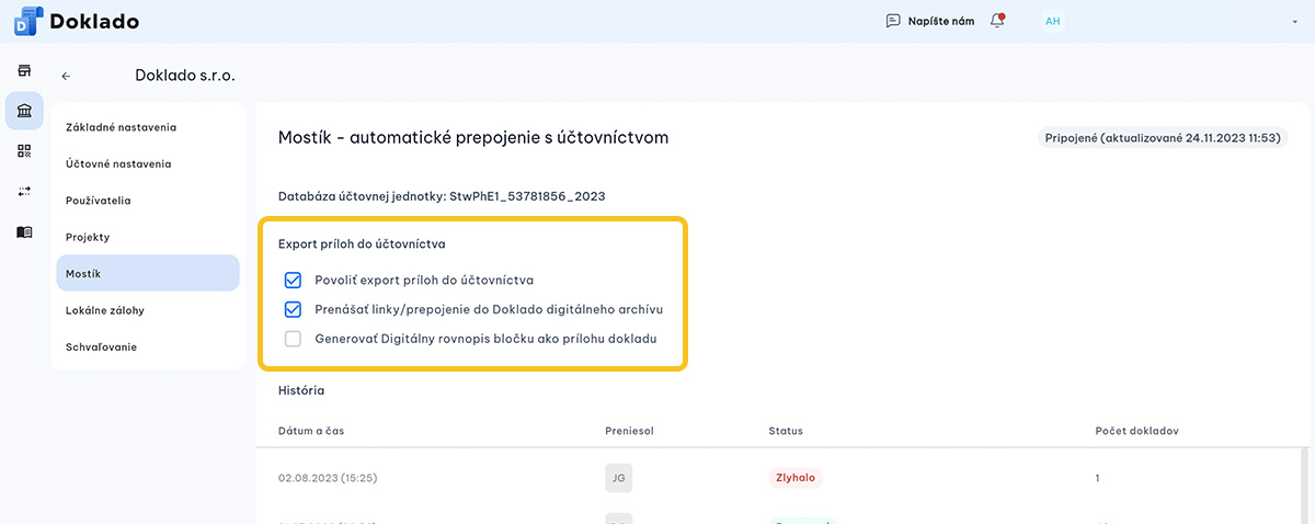 Doklado Mostík - Export príloh do účtovníctva