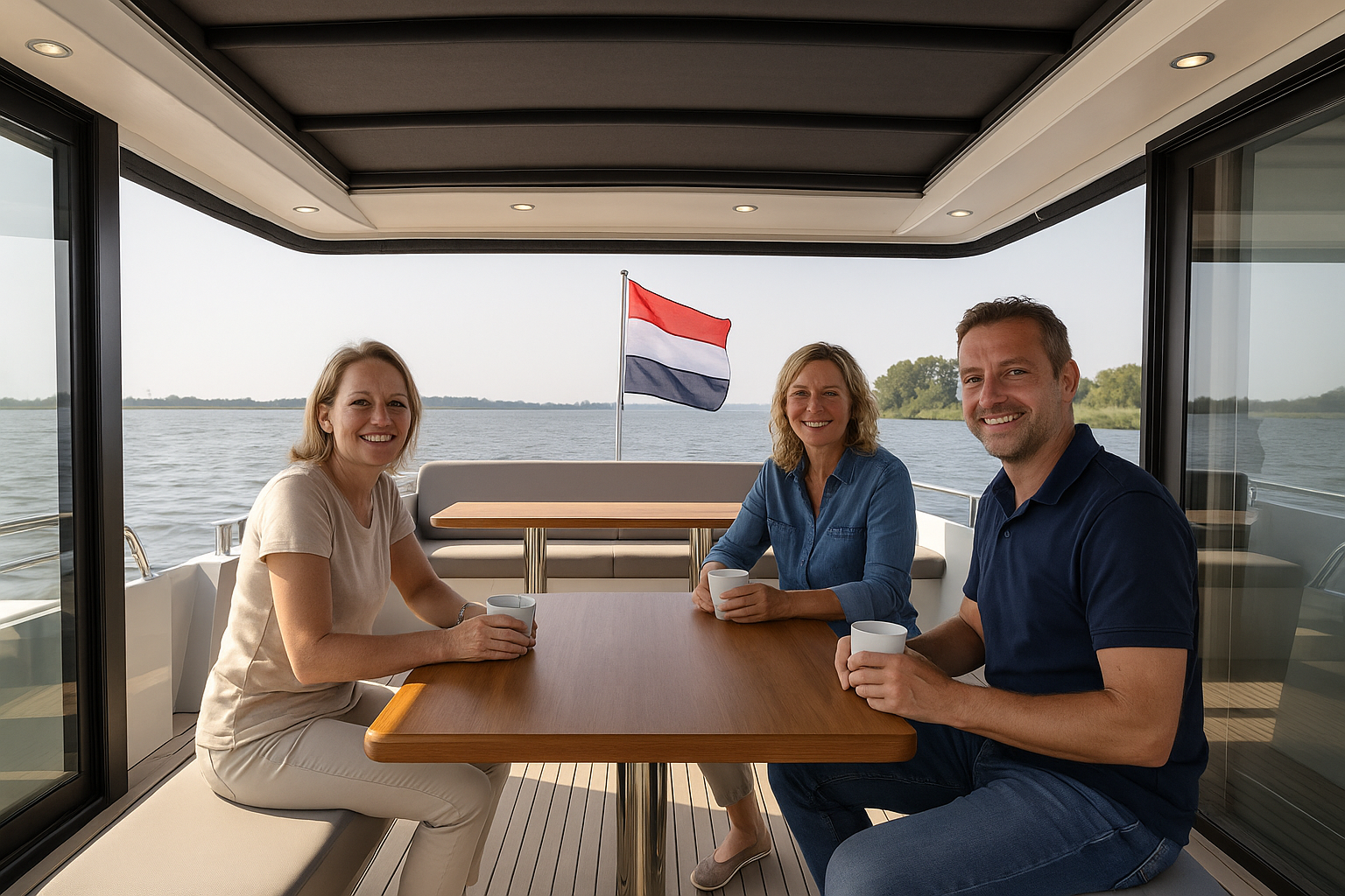 Three people sitting around a wooden table on a boat, smiling and holding white mugs, with a Dutch flag and water in the background.