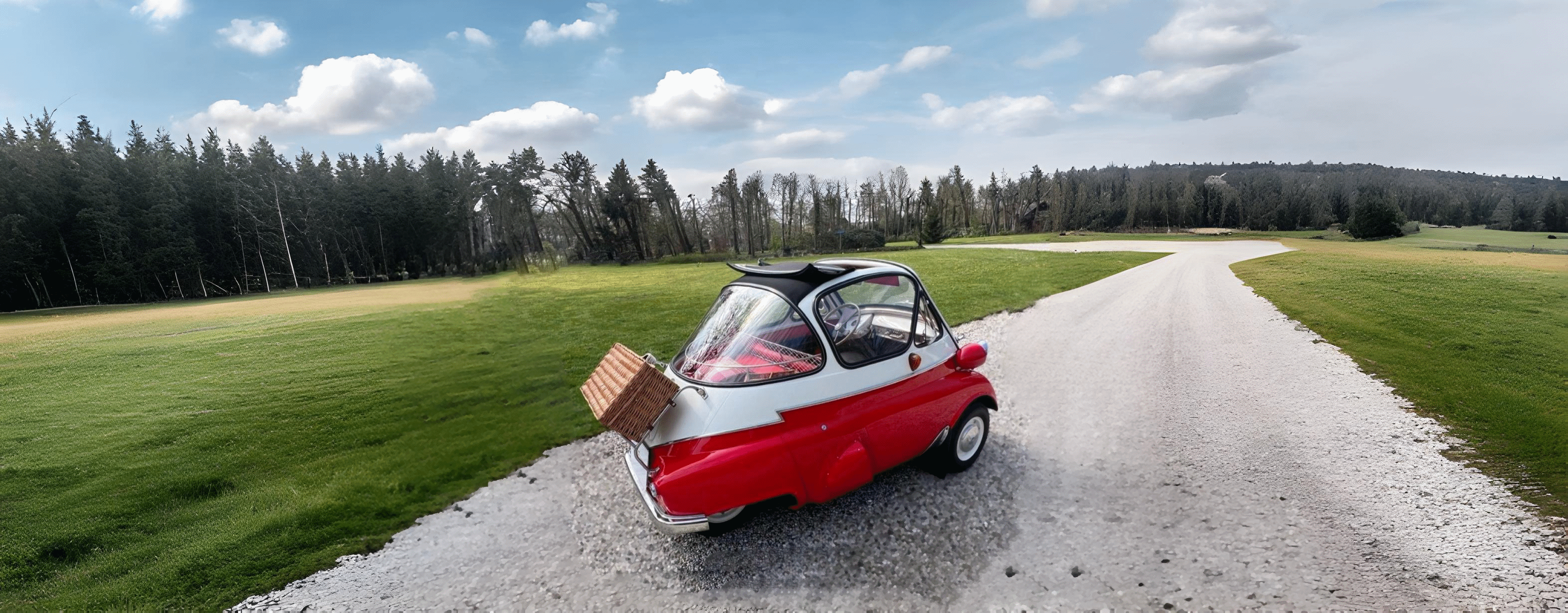 Red and white vintage microcar with a picnic basket on the back parked on a gravel path surrounded by green grass and trees under a blue sky with clouds.