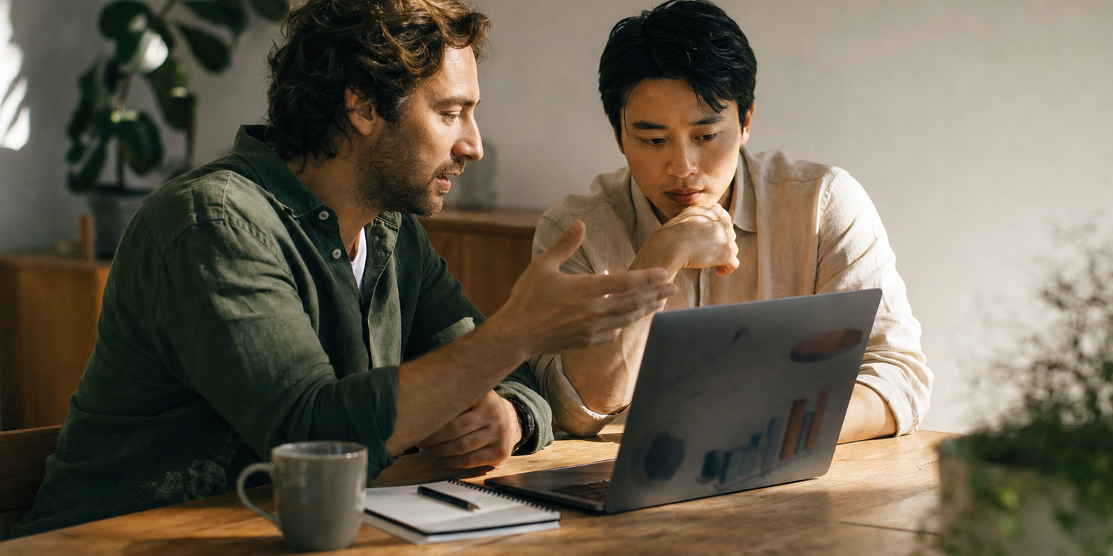 A developer and a technical lead reviewing a Magento store's performance on a laptop at a warm desk, considered discussion, notebook beside 