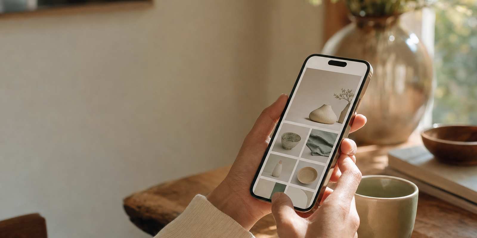 A customer browsing a premium ecommerce store on a phone in a warm, calm interior, close on the hands and screen, natural light