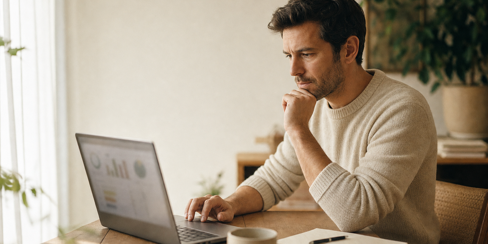 A marketer reviewing customer email performance on a laptop at a sunlit desk with a coffee and notebook, considered expression