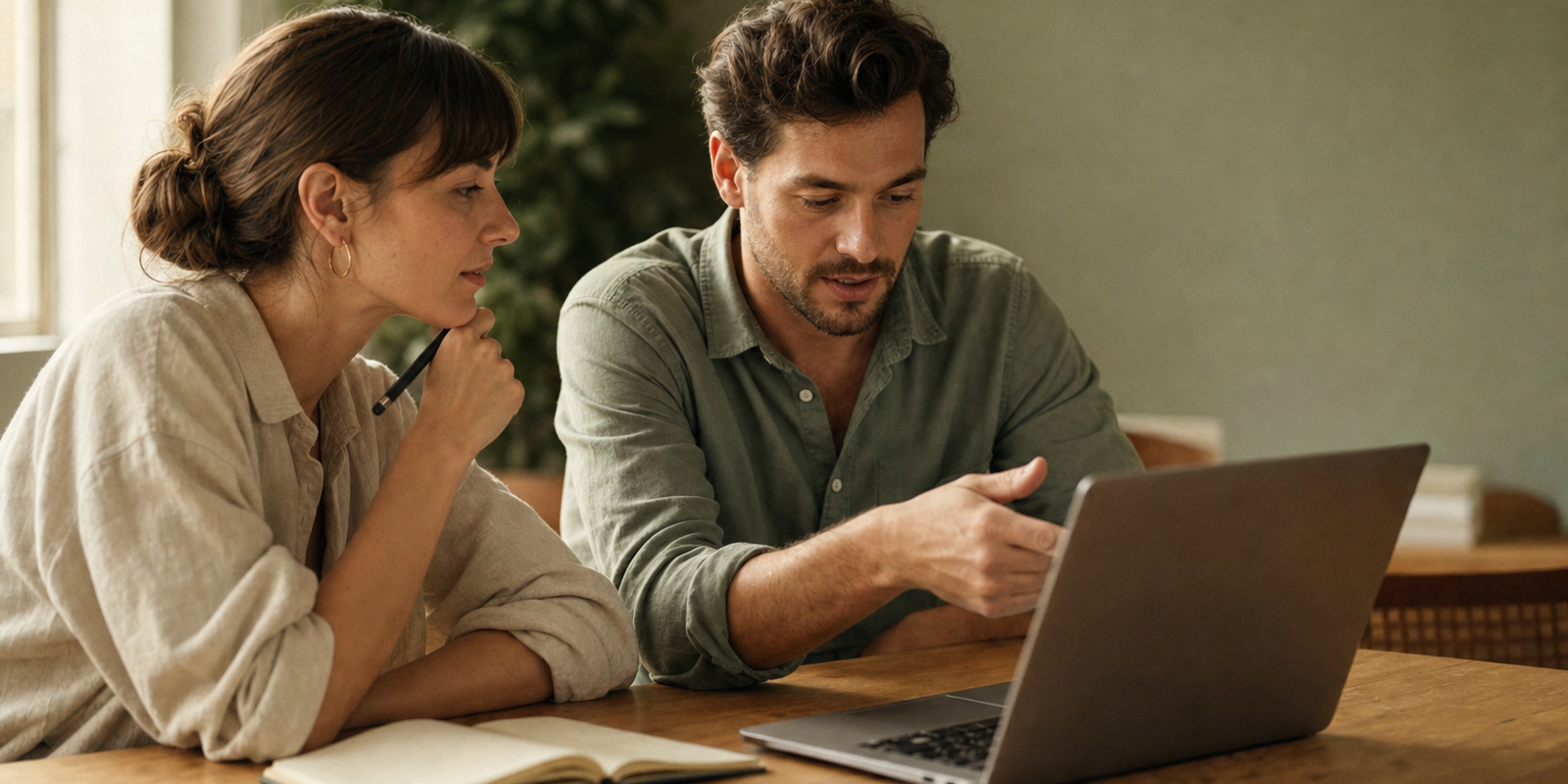 A founder and a web developer discussing a Webflow project on a laptop at a warm wooden desk, natural light, notebook beside them