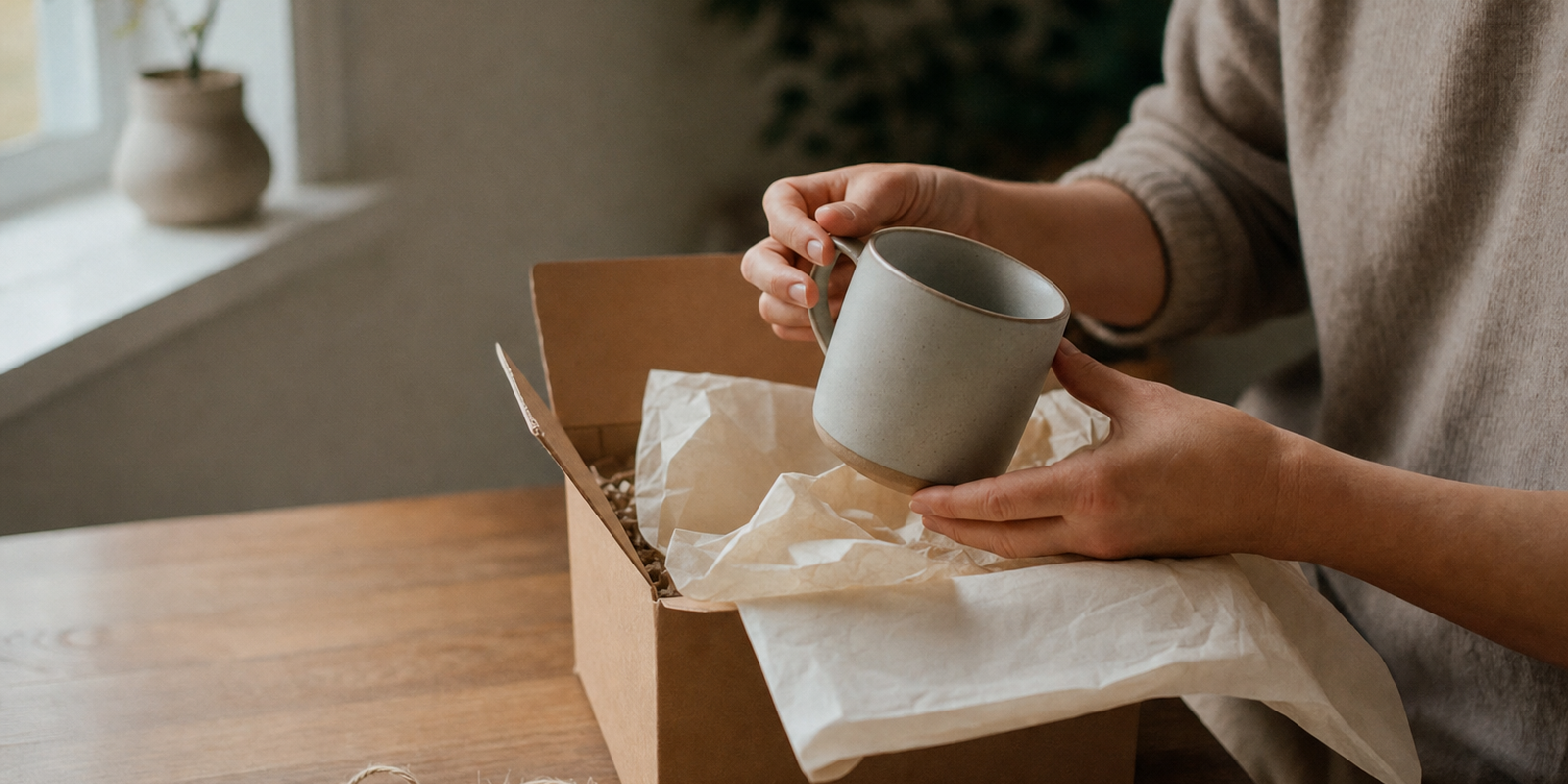 A customer unboxing a premium ecommerce delivery at home in warm natural light, calm and considered, hands and product in focus