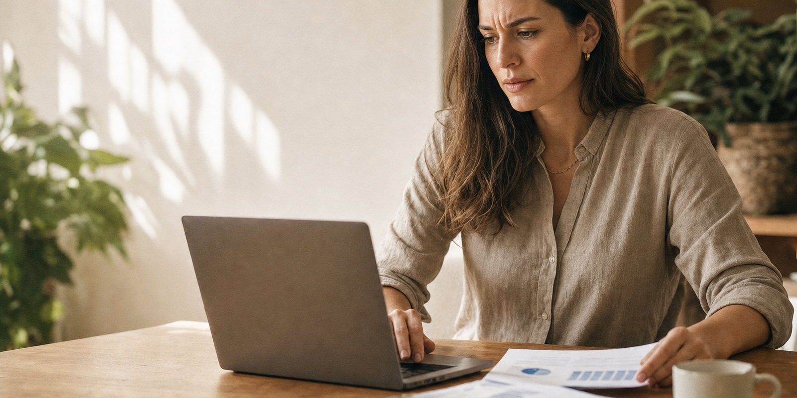 A brand operator studying ecommerce performance figures on a laptop with printed reports at a sunlit desk, focused and questioning