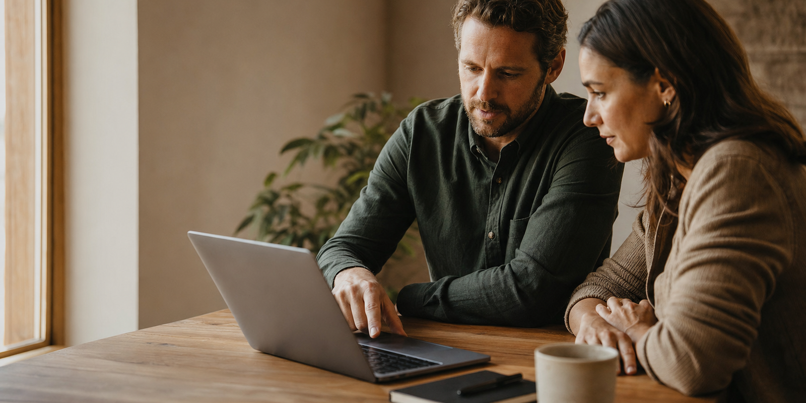 A technical lead and a business owner reviewing a Magento store's status seriously on a laptop at a warm desk, focused