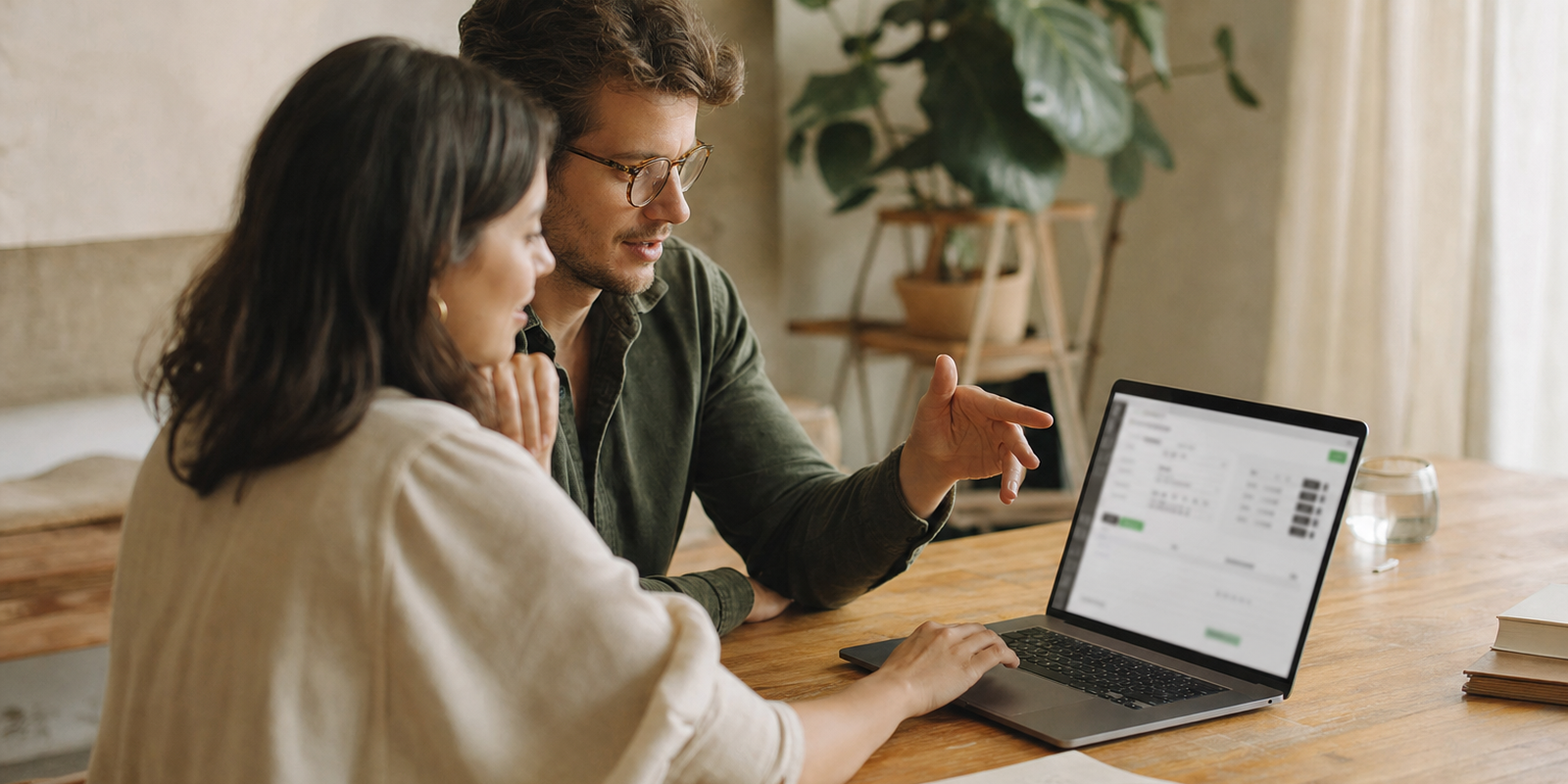 A developer and a brand manager exploring a Magento admin on a laptop together at a warm wooden desk, engaged discussion
