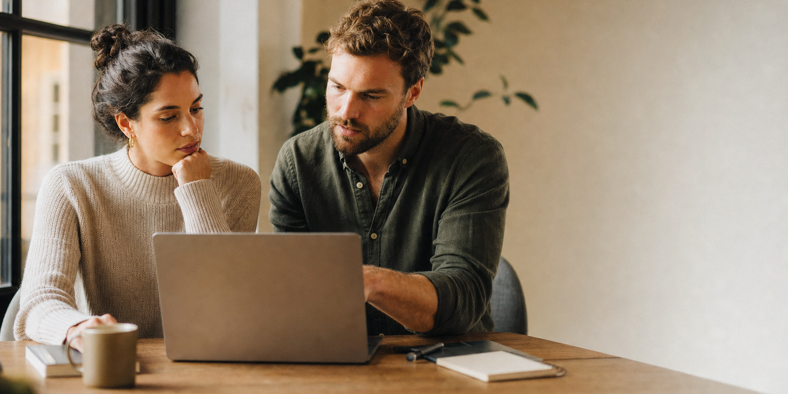 A founder and a developer weighing platform options on a laptop at a warm desk in natural light, considered discussion