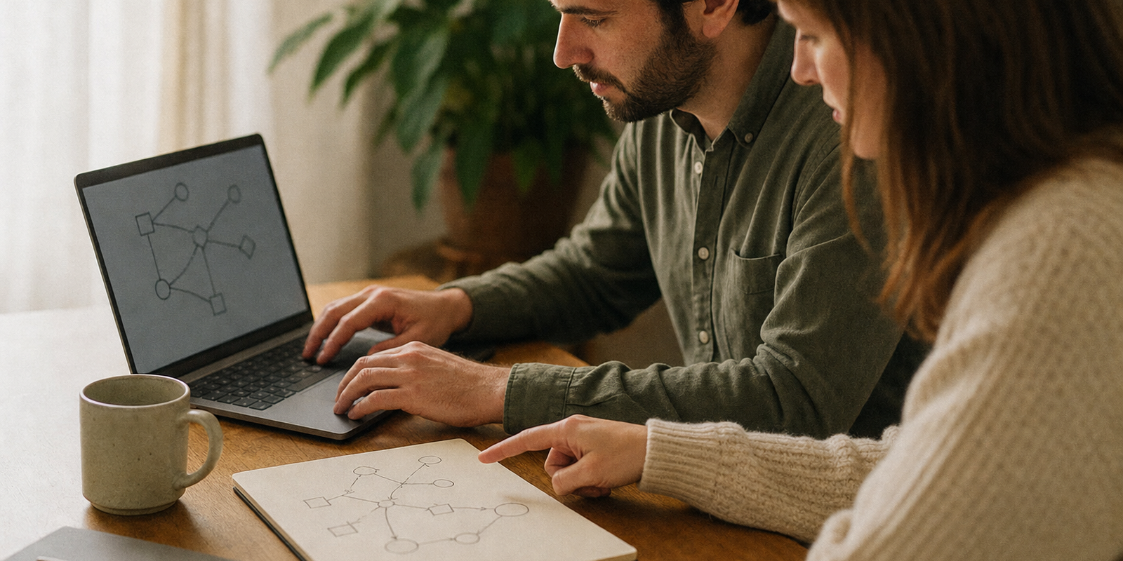 An operations lead and a developer mapping system connections on a laptop and notepad at a warm desk, focused