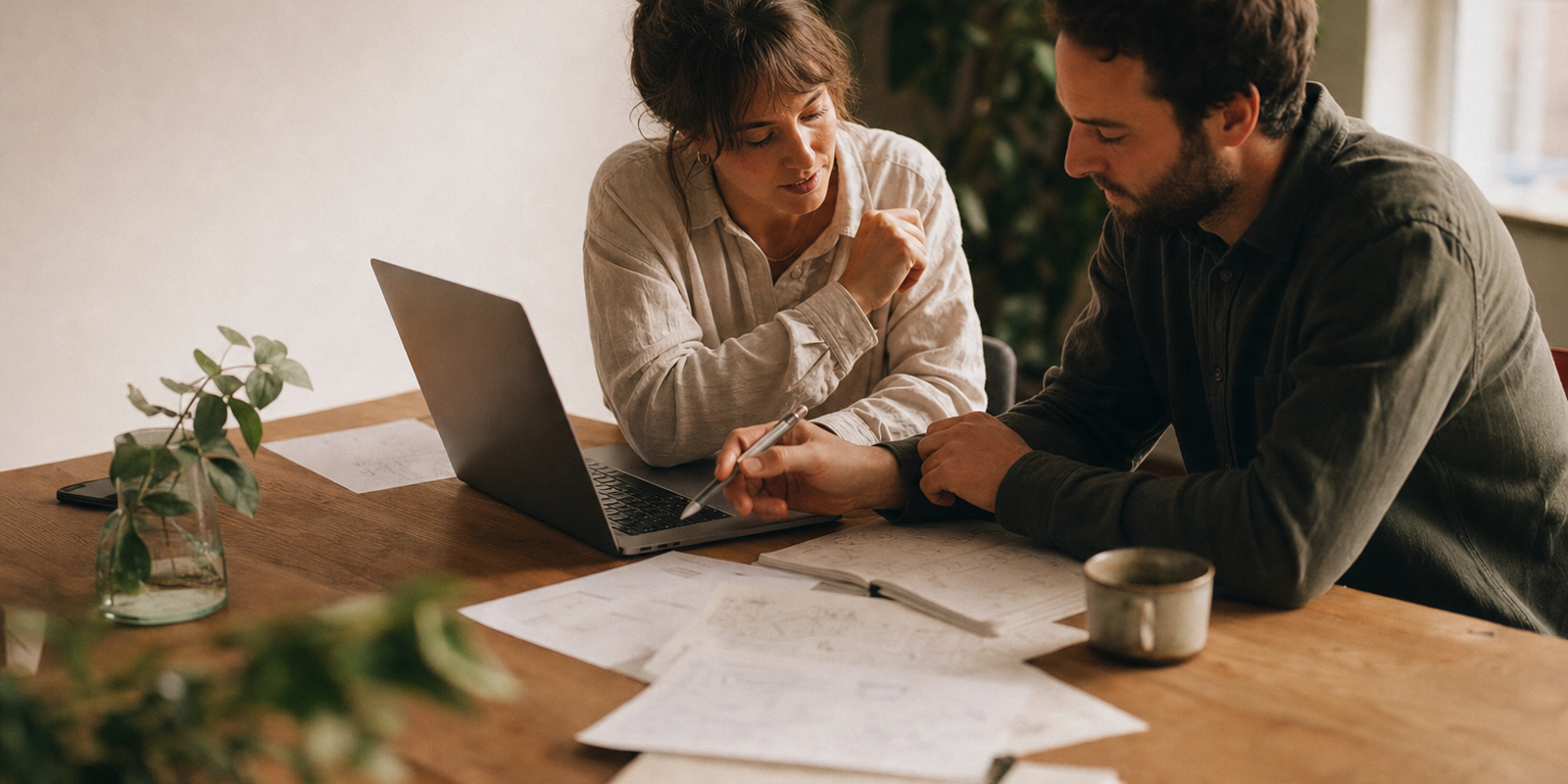 A founder and a developer planning a Shopify build on a laptop at a warm wooden desk, natural light, notes between them