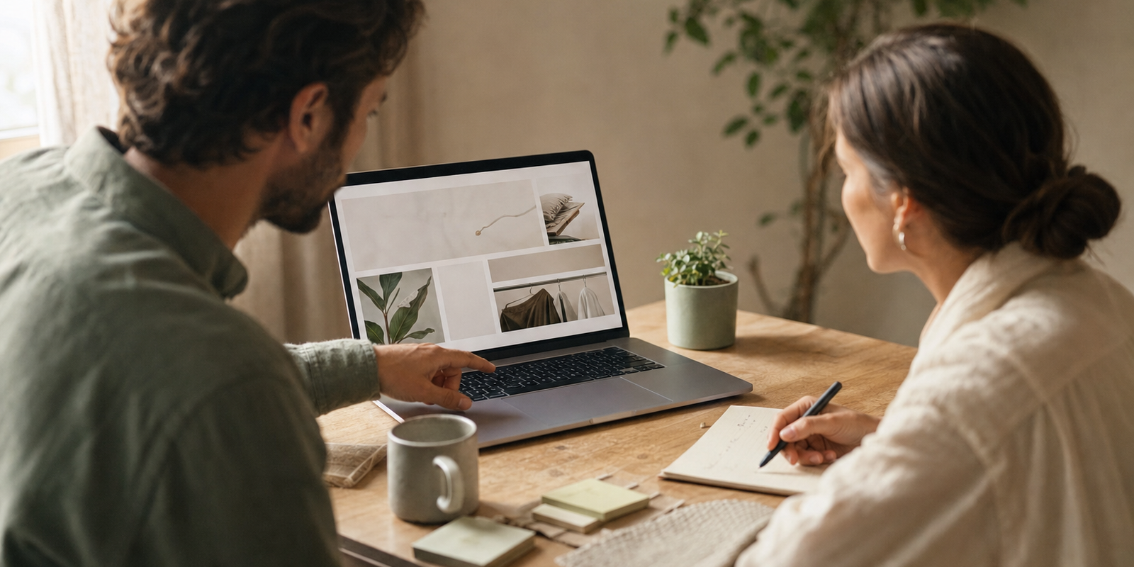 A developer and a brand owner reviewing a customised Magento store on a laptop at a warm desk, considered discussion, notes beside them