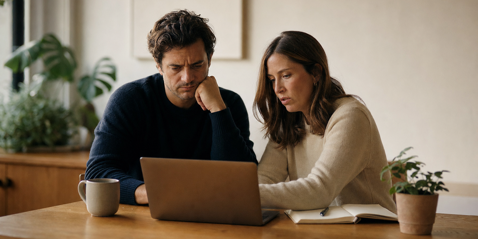 A brand owner and a developer reviewing a slow store's impact on sales on a laptop at a warm desk, focused and concerned