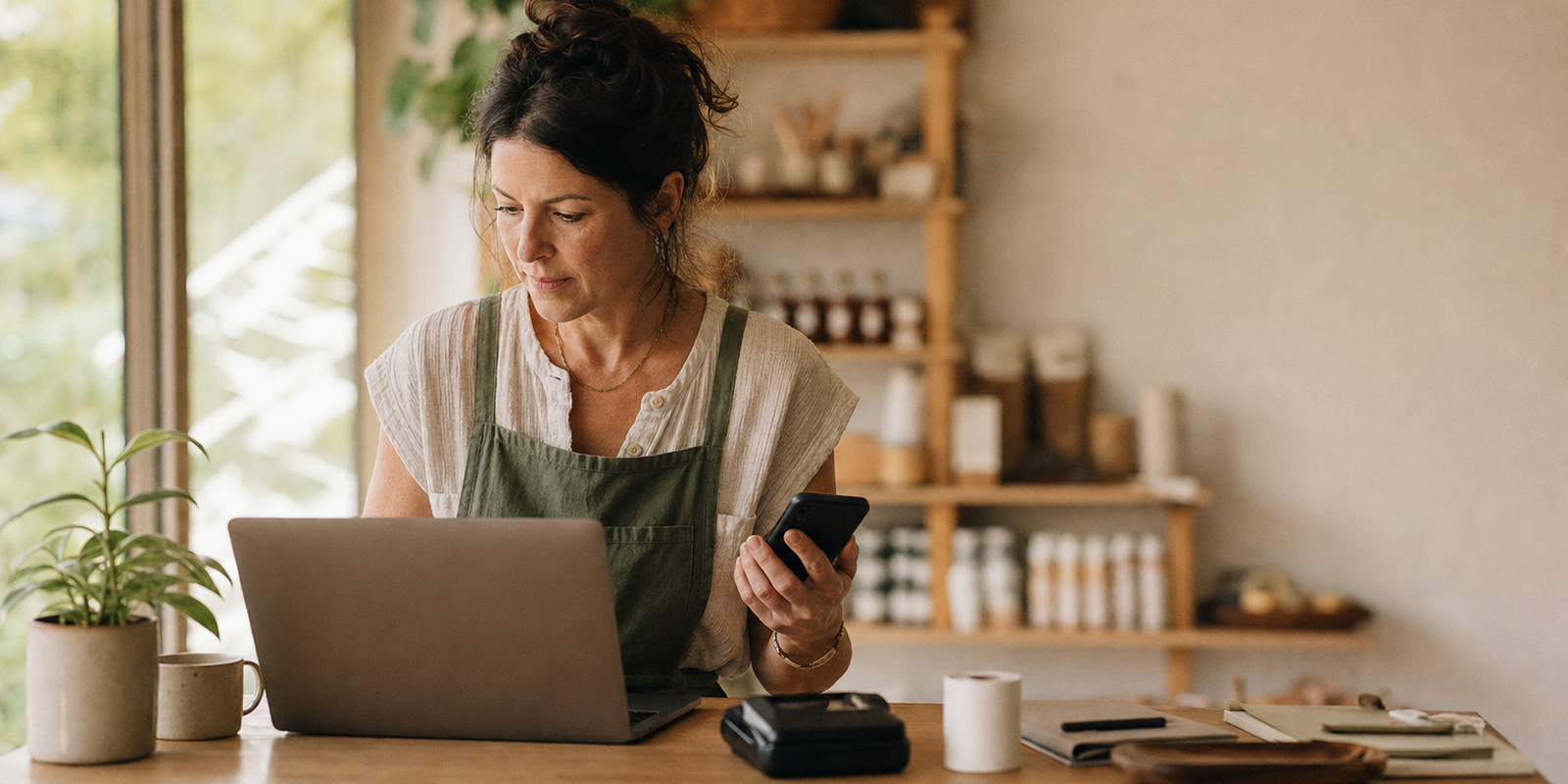 A store owner reviewing checkout and payment options on a laptop and phone at a warm desk, focused, natural light