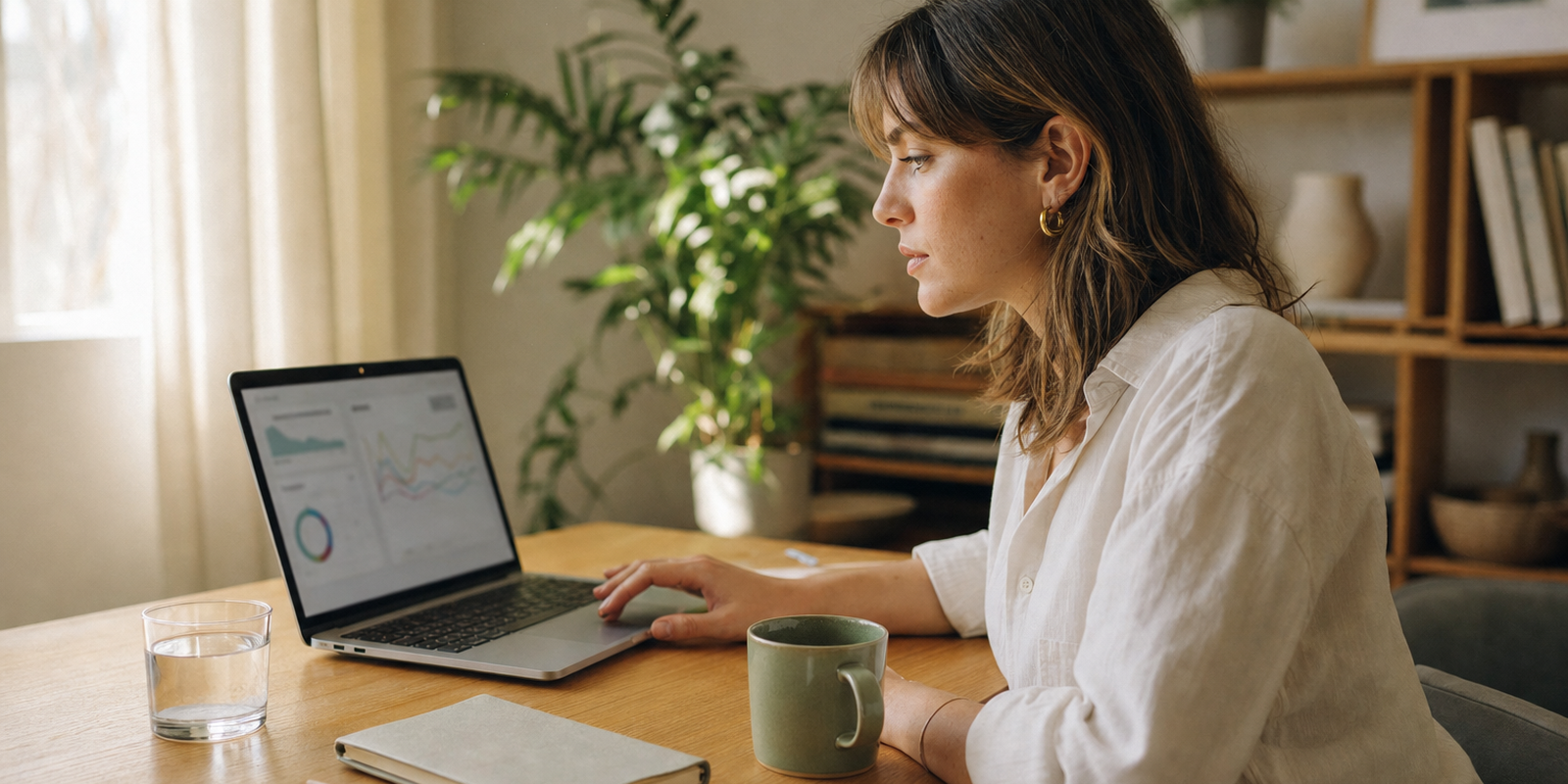 A marketing lead reviewing channel and retention performance on a laptop at a sunlit desk with notes, considered
