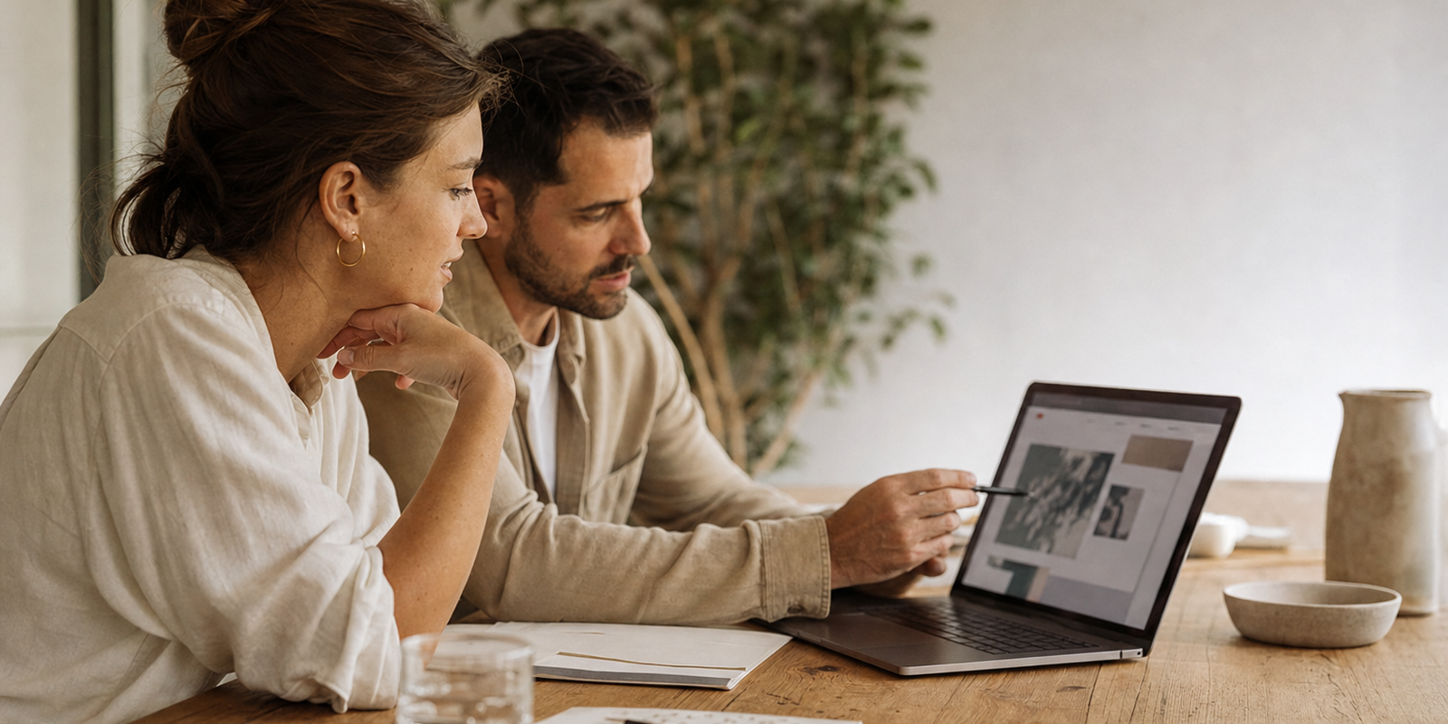 A brand designer and a marketer reviewing a Webflow site on a laptop at a bright studio desk, collaborative and focused