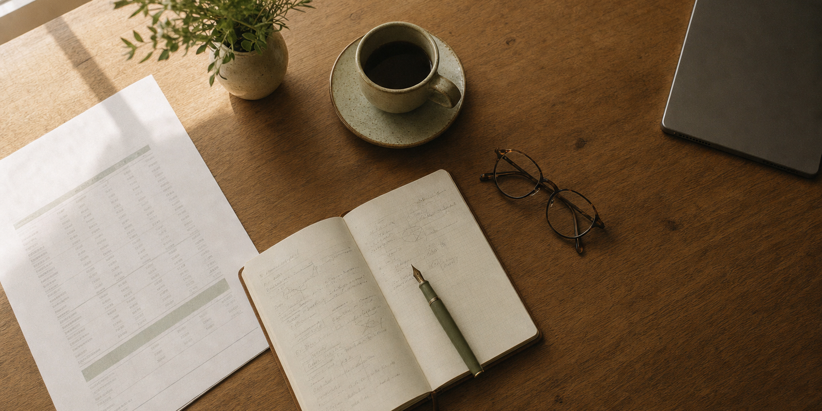 A warm, sunlit desk from above with a printed report of figures, an open notebook and pen, coffee, glasses and a tablet set aside.