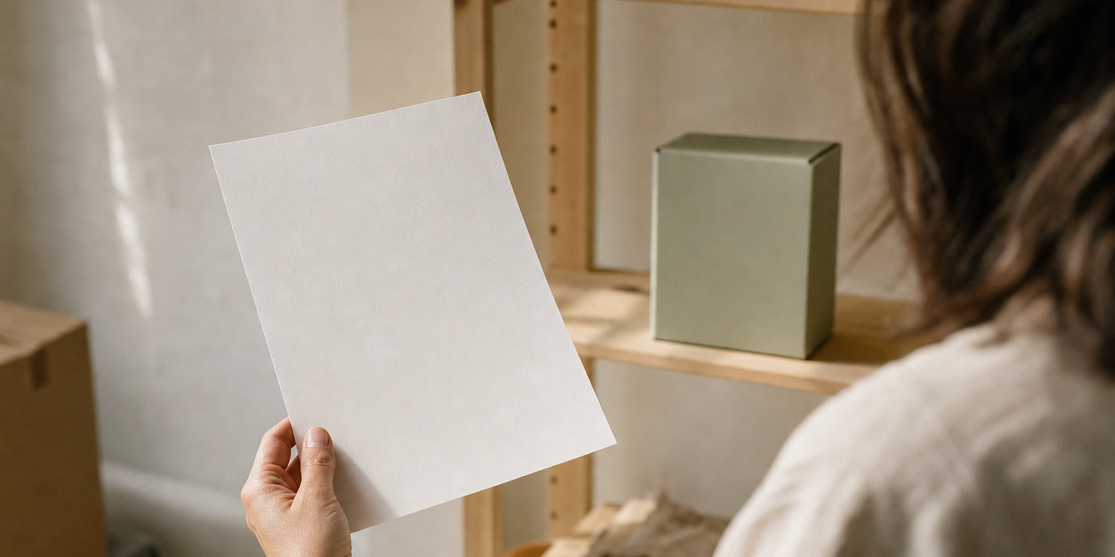 A person in a warm, light-filled stockroom holds a printed product specification sheet beside a boxed product on a wooden shelf.