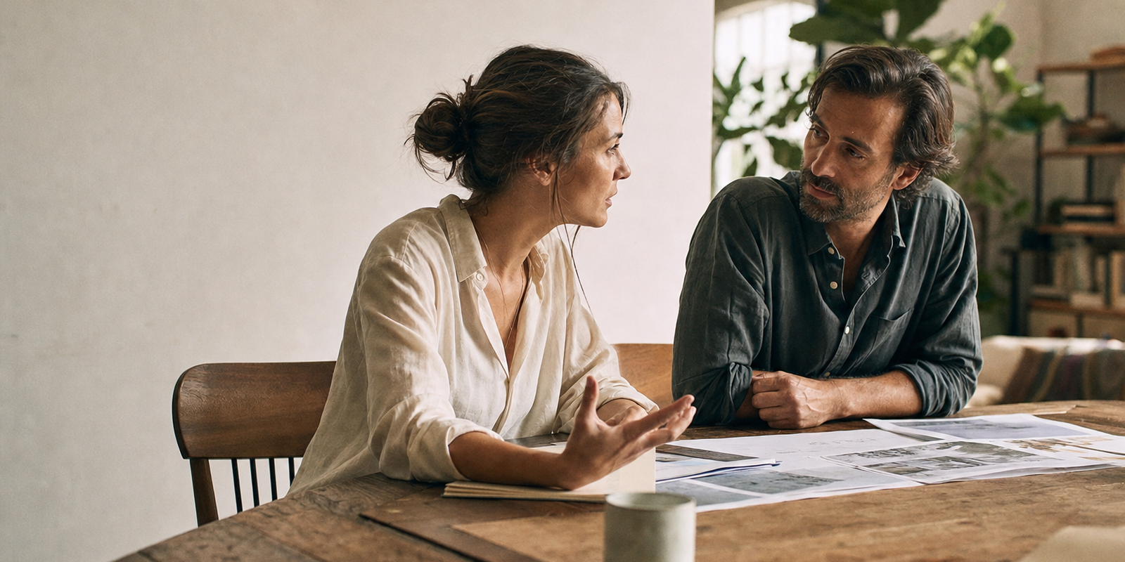 Two colleagues in conversation over printed plans at a wooden table, weighing a platform decision.