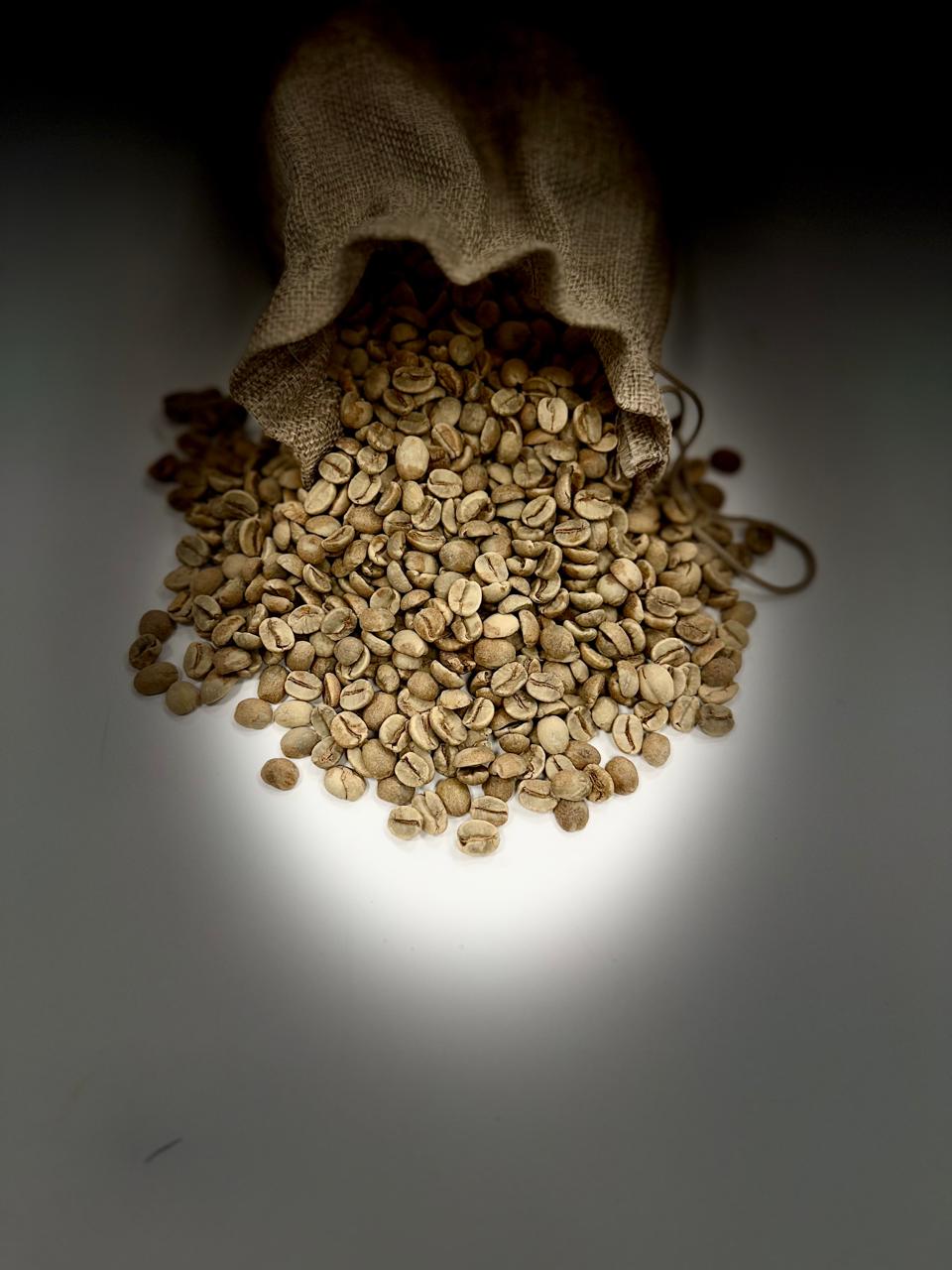 A bag of coffee beans is shown in a close up.