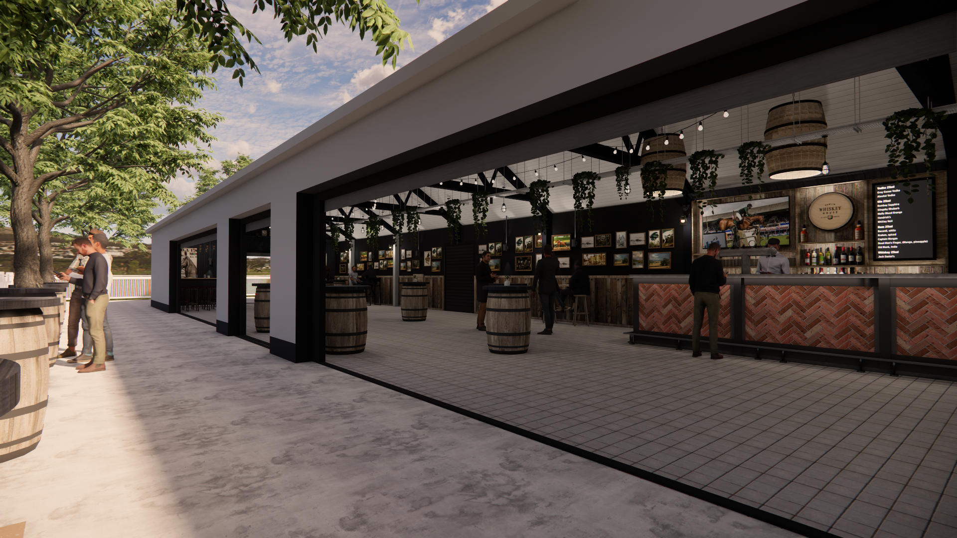 A directors lounge at Ipswich stadium with views to the pitch, showcasing interior design, furniture and bar