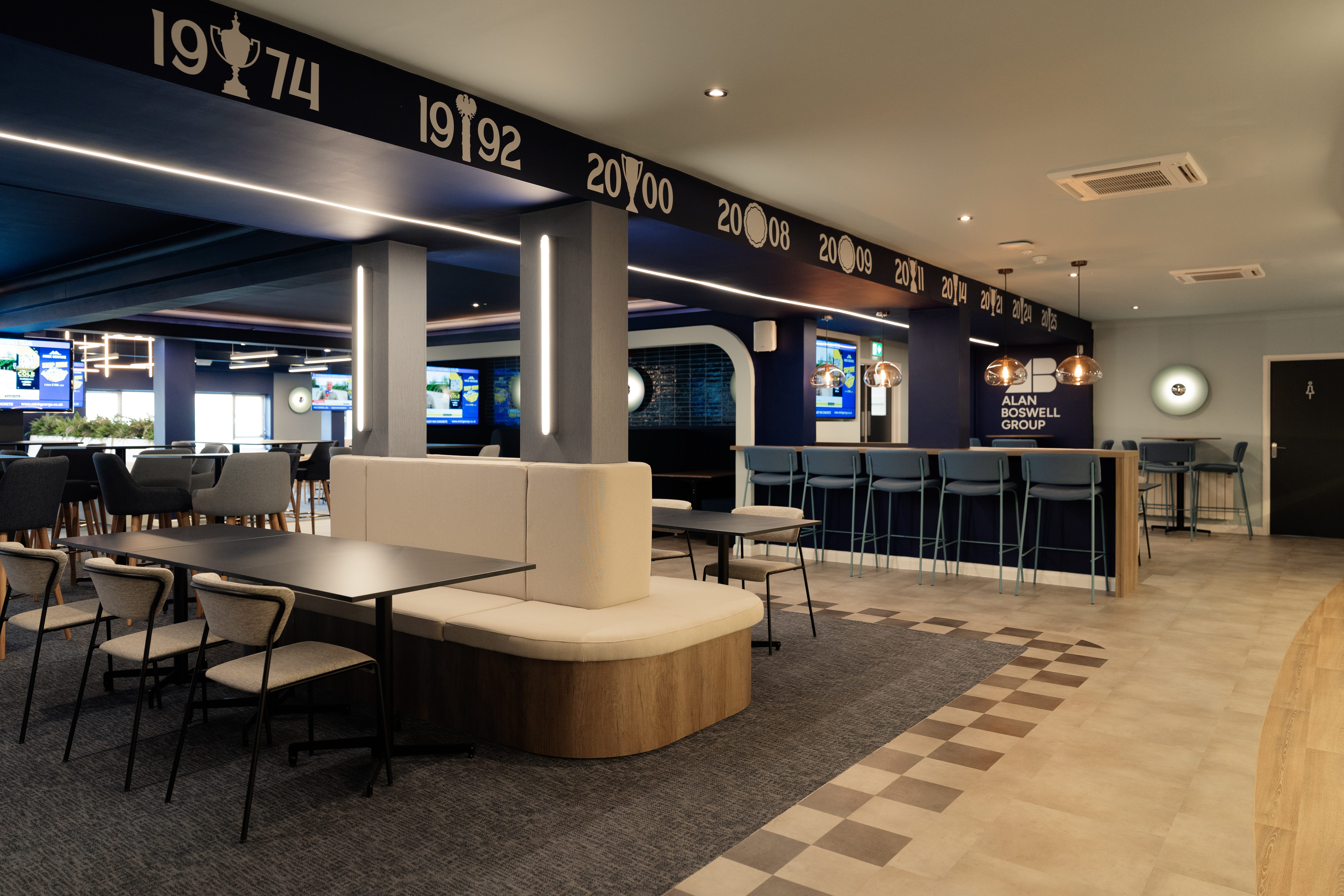 A view of the Gamechanger suite at Ipswich stadium  designed by Layrd commercial interior design 